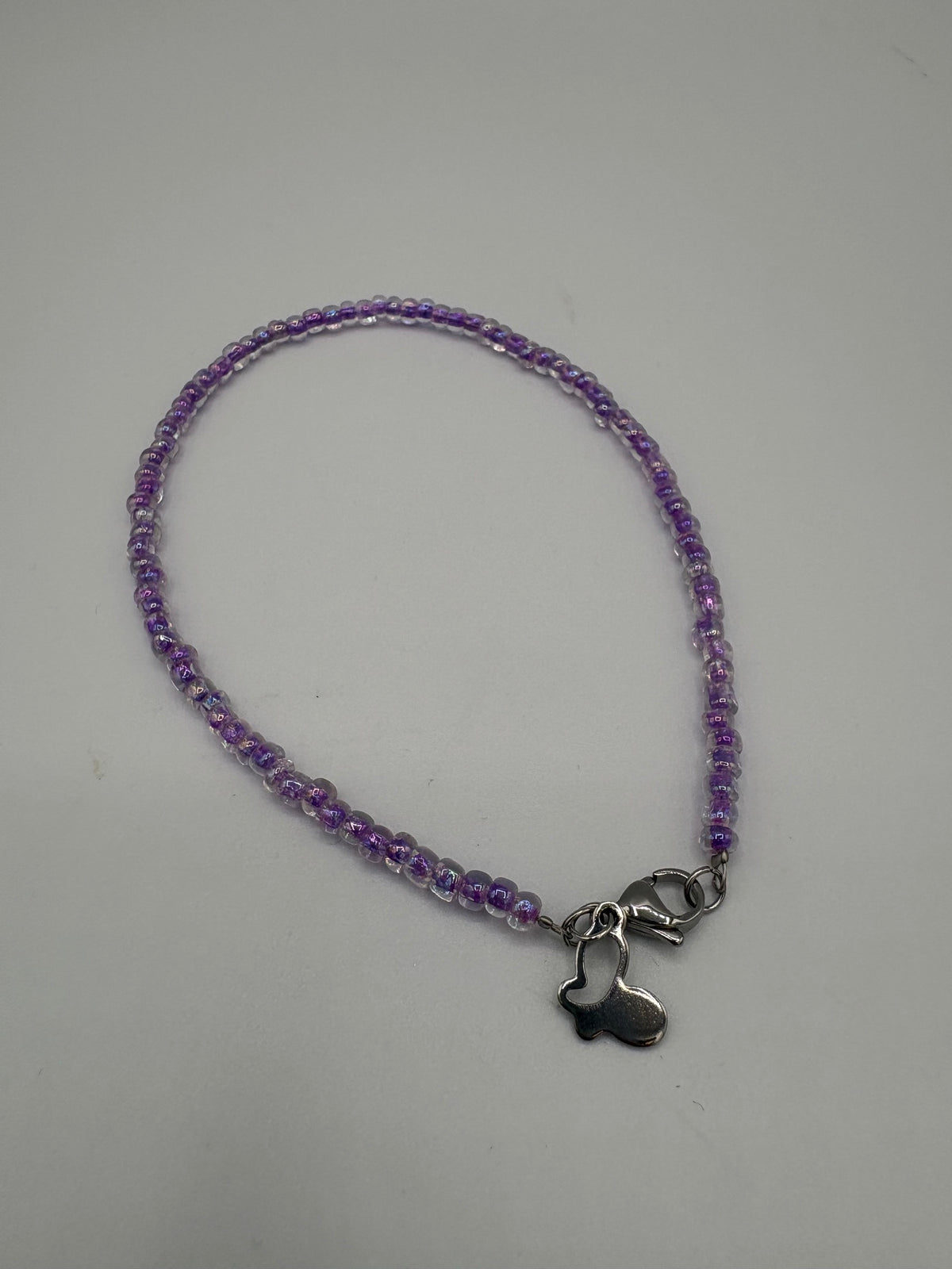 Amethyst Charm 11" Beaded Stainless Steel Anklet