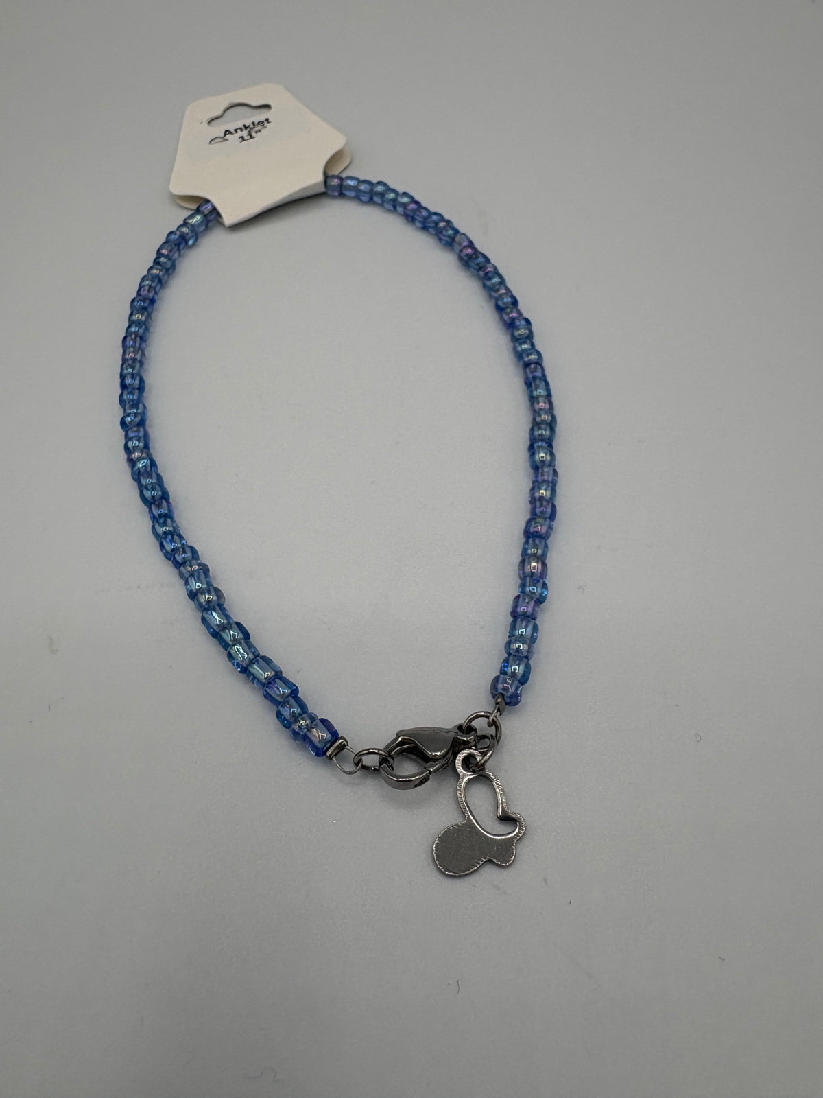 Aqua Butterfly 11" Beaded Stainless Steel Anklet