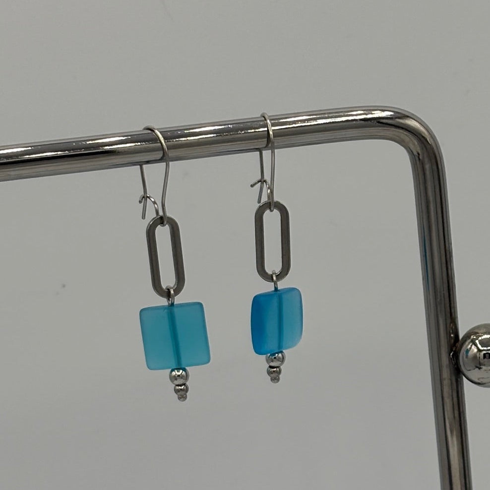 Aqua Beaded Stainless Steel Earrings