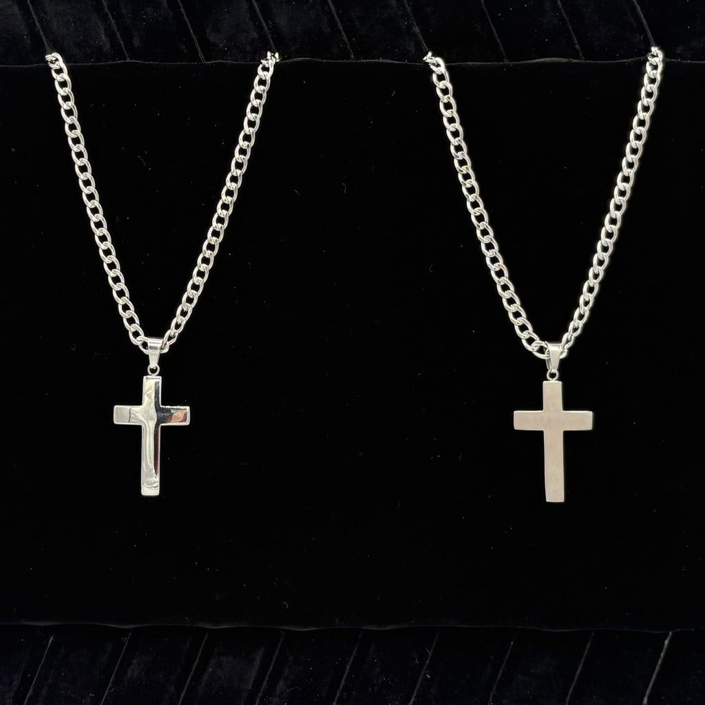 Dual Sided Cross w Curb Chain 24" Stainless Steel Necklace