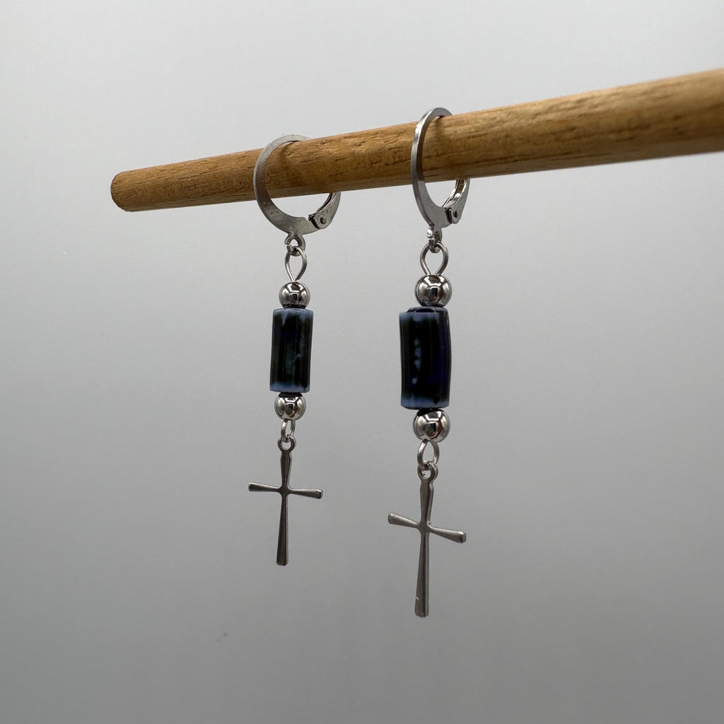 Navy Beaded Cross Stainless Steel Earrings