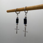 Navy Beaded Cross Stainless Steel Earrings