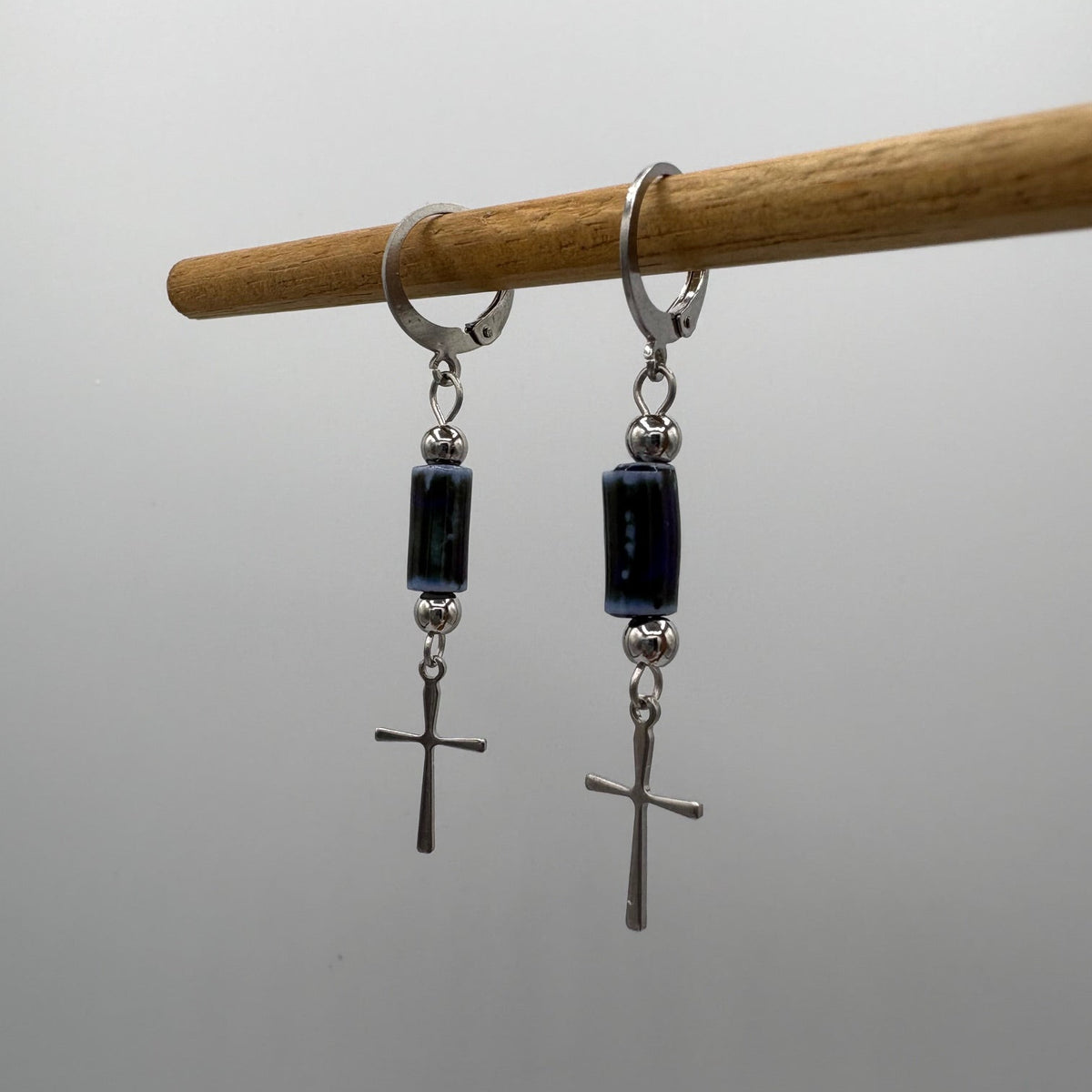 Navy Beaded Cross Stainless Steel Earrings