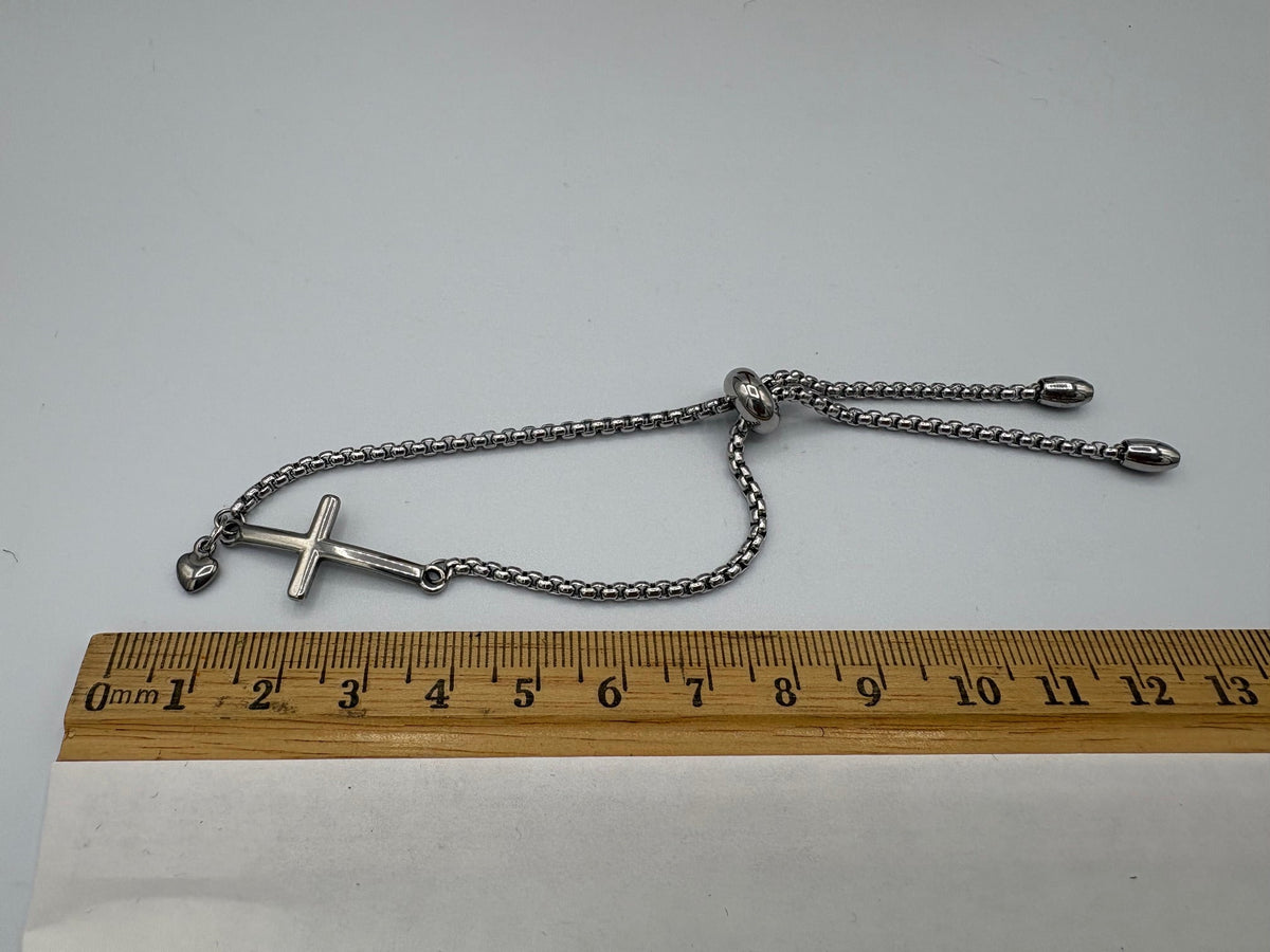 Glossy Cross with Heart Charm Adjustable Stainless Steel Bracelet