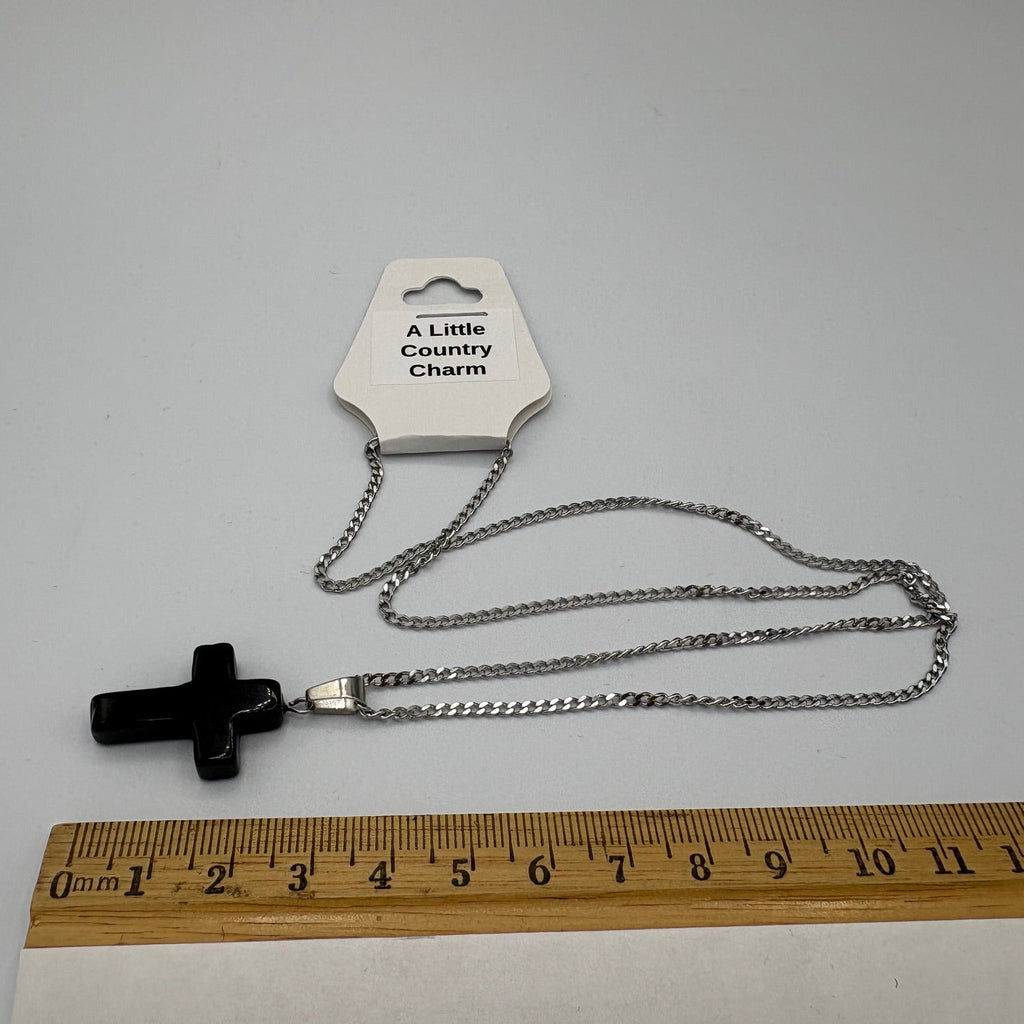 Black Stone Cross 20" Stainless Steel Necklace