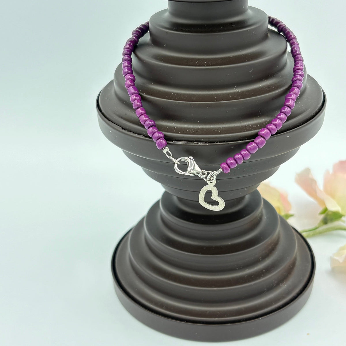 Pansy Heart 10" Beaded Stainless Steel Anklet