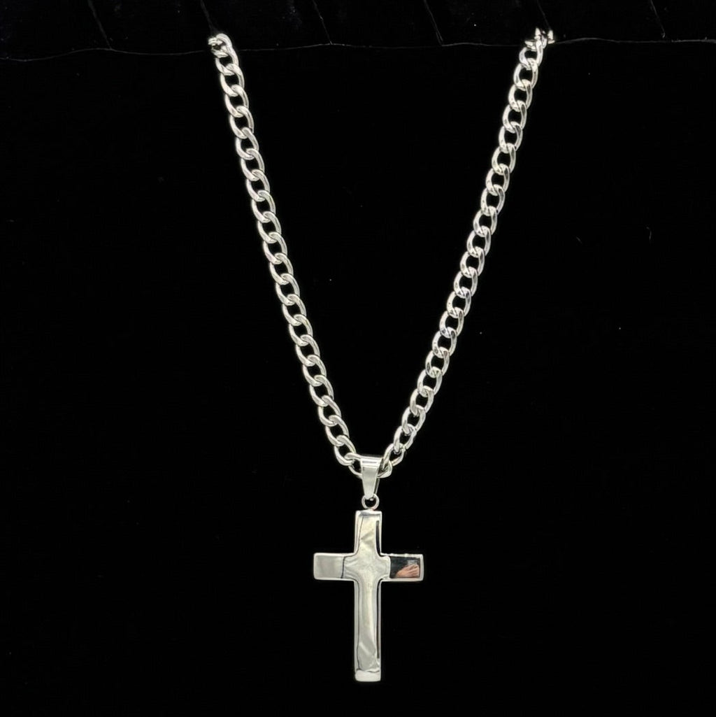 Dual Sided Cross w Curb Chain 24" Stainless Steel Necklace