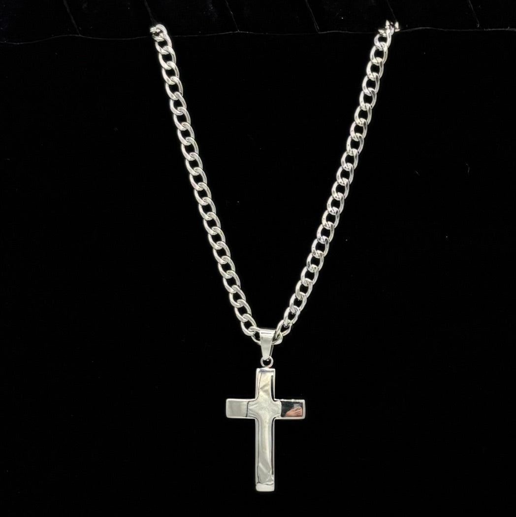 Dual Sided Cross w Curb Chain 24" Stainless Steel Necklace