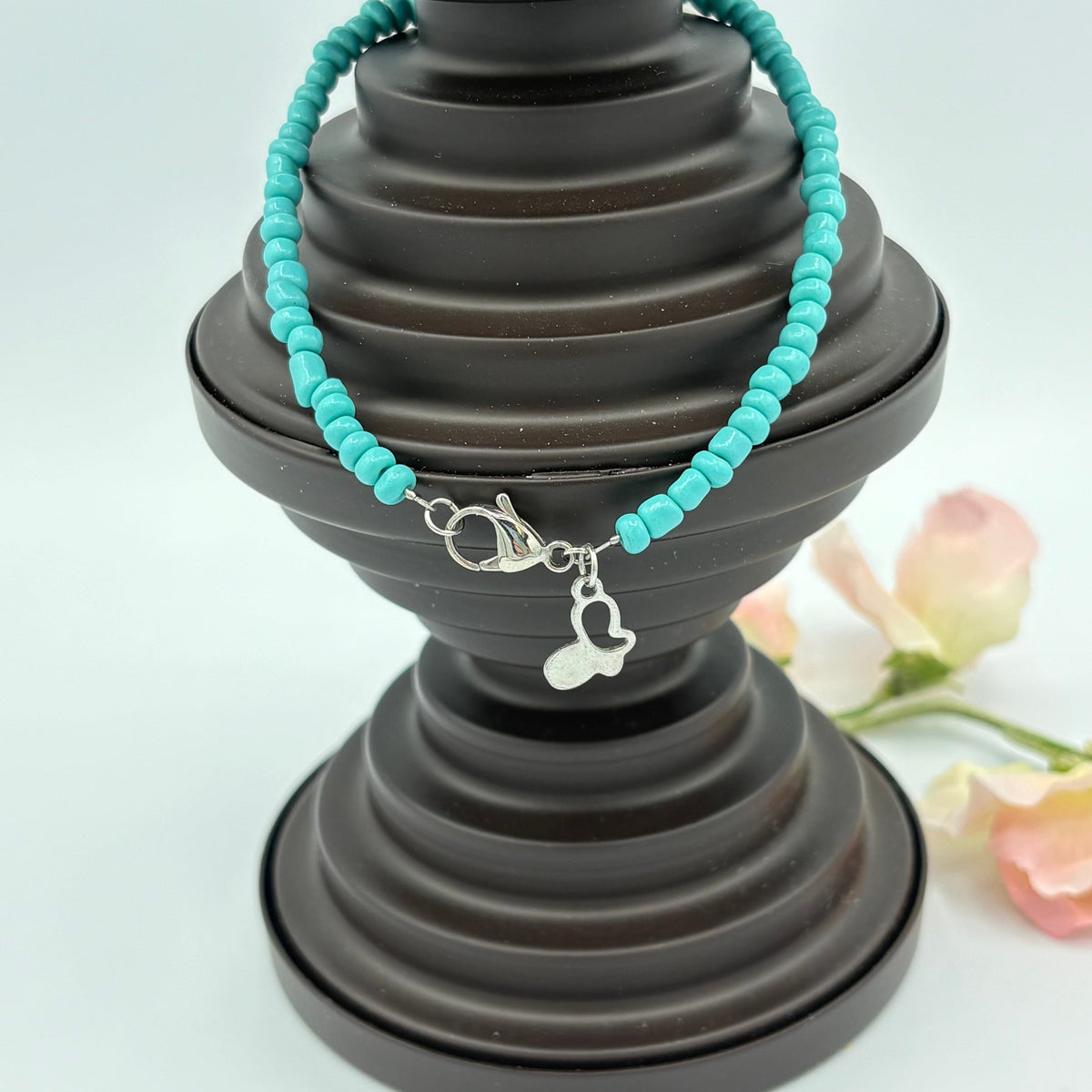 Turquoise Charm 10" Beaded Stainless Steel Anklet