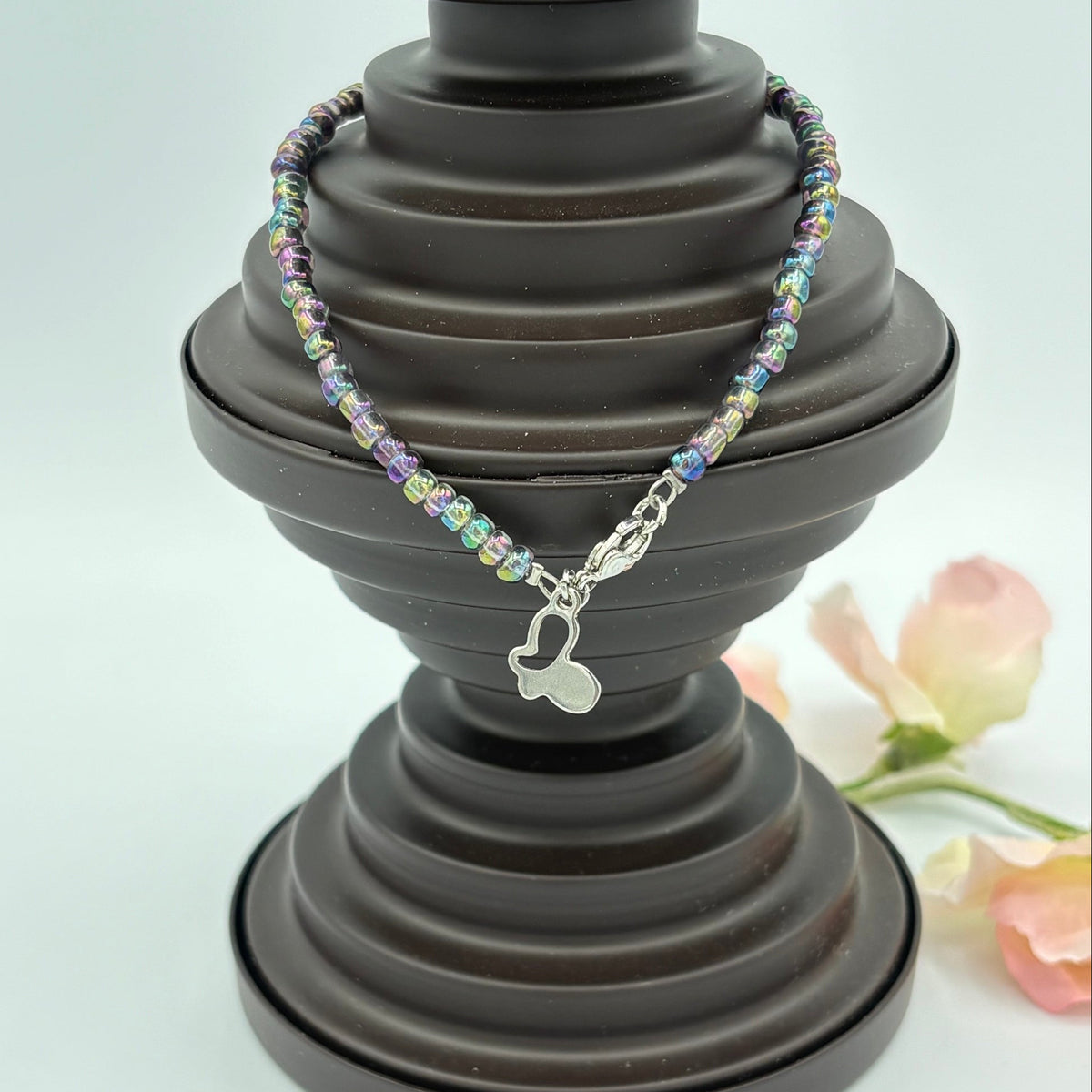 Iris Butterfly 10" Beaded Stainless Steel Anklet