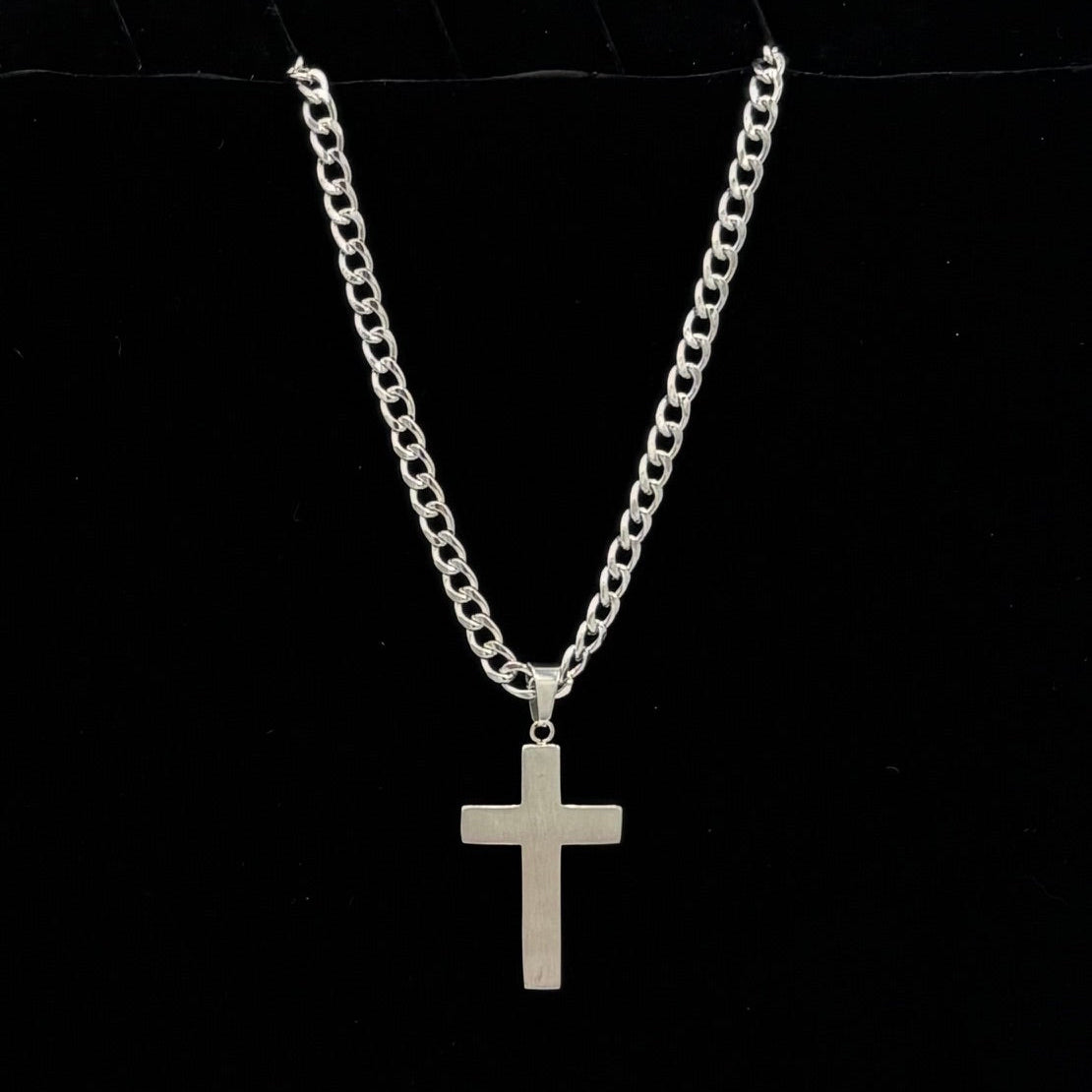 Dual Sided Cross w Curb Chain 24" Stainless Steel Necklace