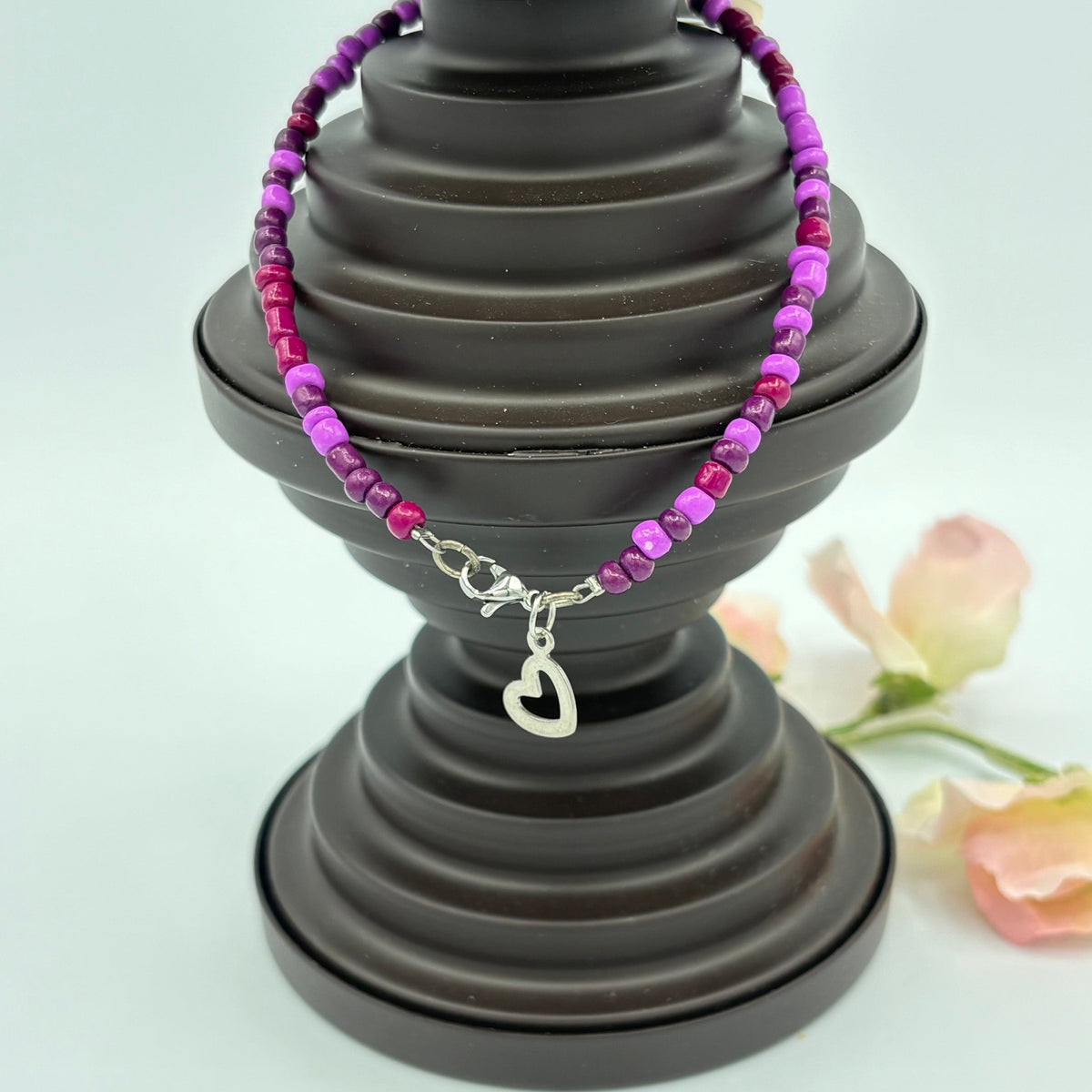 Mulberry Heart 10" Beaded Stainless Steel Anklet