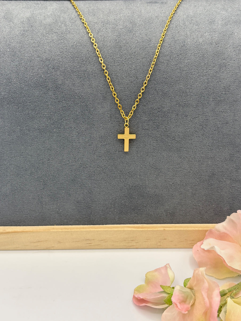 Blocky Gold Cross 18" Stainless Steel Necklace