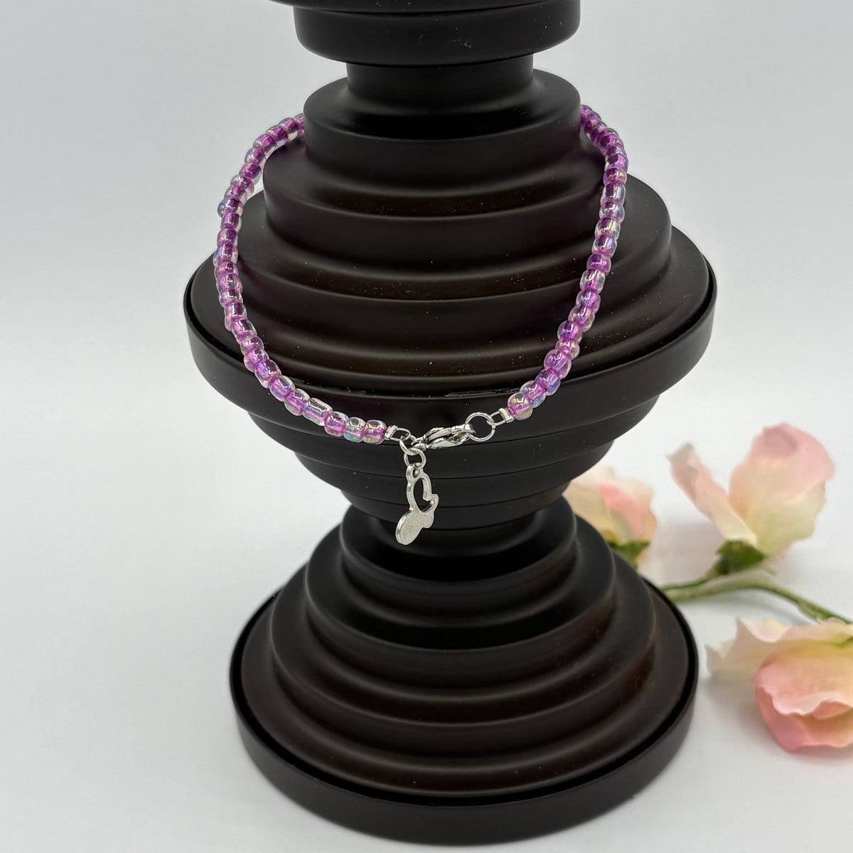 Amethyst Butterfly 10" Beaded Stainless Steel Anklet